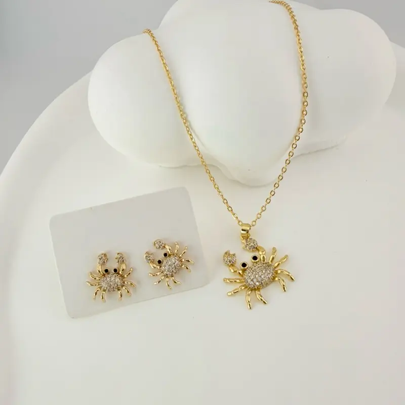 Crab Pendant and Earrings Set 18 Inches Plus 2 Inches Extension Gold Plated with Rhinestones for Women