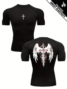 1pc Men's Compression Workout Shirt – Cross & Wings Print, Slim Fit, Breathable & Stretchy Top for Gym & Training, Gym Workout Tee