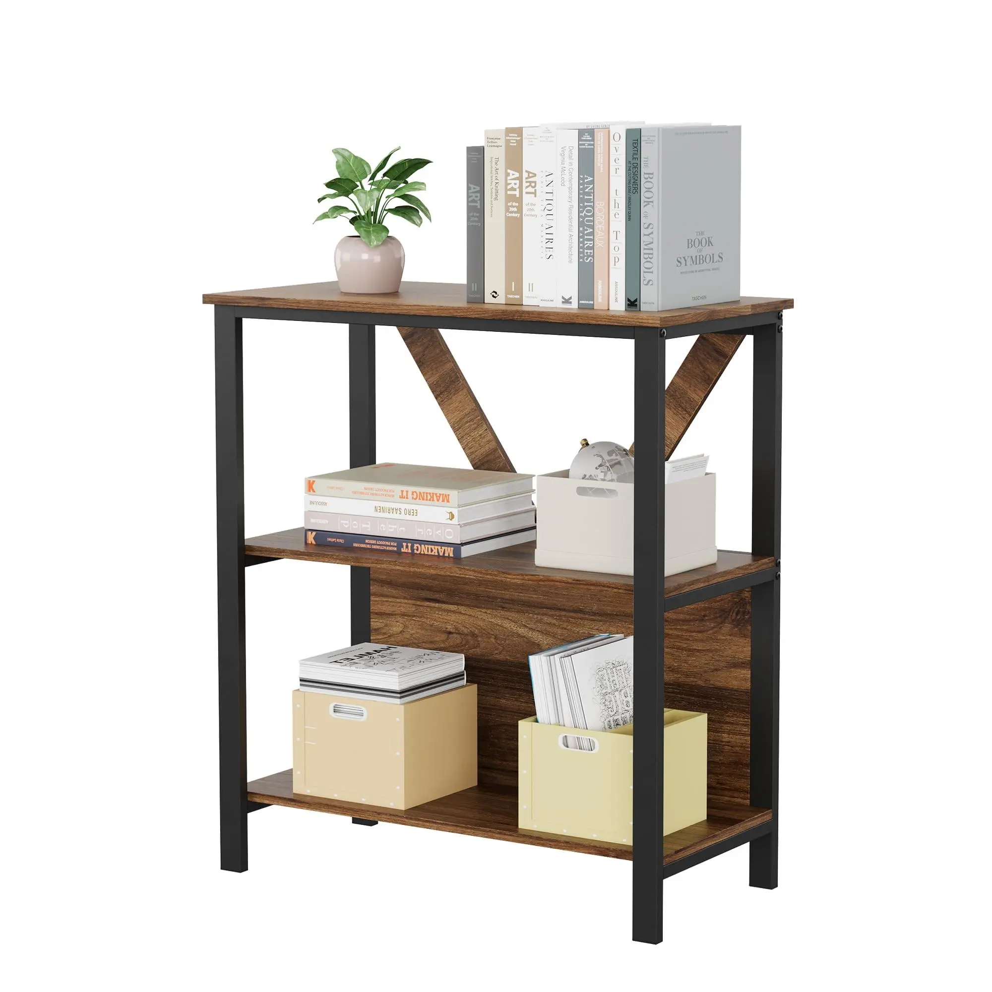 Vintage Bookcase with Dimmable RGB LED Lighting - Wooden and Metal Open Shelf - Freestanding Durable for Living Room Bedroom Office - Nostalgic Color, Triple Layer