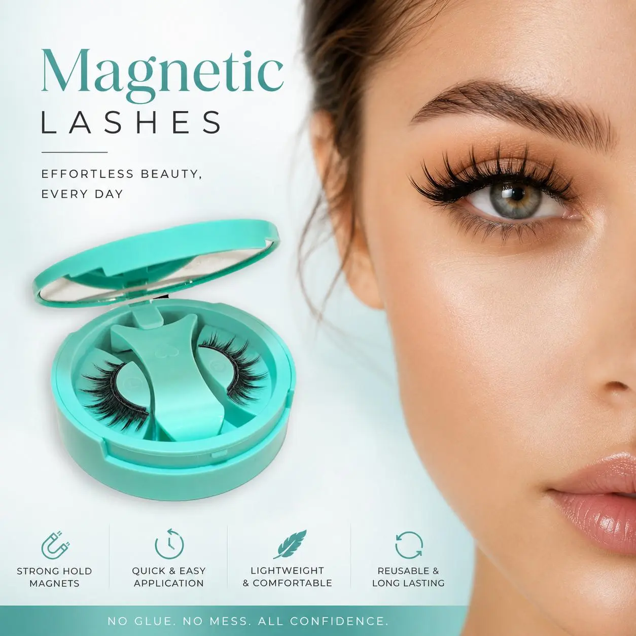 4-Magnet Glue-Free Magnetic False Eyelashes Upgraded Version, Reusable Waterproof Natural-Look Korean Style Lashes for Beginners, with All-in-1 Box & Bonus Refill