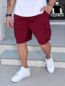 Men's Plus Size Patched Drawstring Cargo Shorts, Casual Regular Fit Pocket Elastic Waist Shorts for Summer, Men's Plus Size Bottoms for Daily Wear, Drawstring Beach Shorts