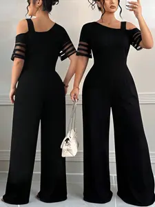 Plus Size Women's Off-Shoulder Mesh Patchwork Wide Leg Jumpsuit, Summer Commute/party/dating, Conceals Fat, High Waist, Fit, Sexy Chic