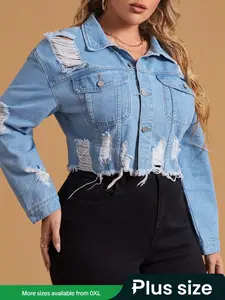 Plus Size Women's Casual Versatile Collared Ripped Button Denim Jacket Coat, Stylish Distressed Jean Outerwear for Everyday Wear, Womenswear