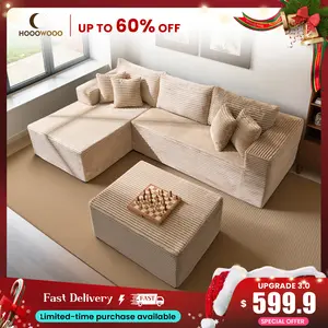 HOOOWOOO Modern 108.27" Modular Couch with Removable Ottomans & Chaise Plush Corduroy Fabric Upholstered Boneless Sleeper Sofa with Deep Seat No Assembly Required【3 Packages Shipping】Living Room Interior Design