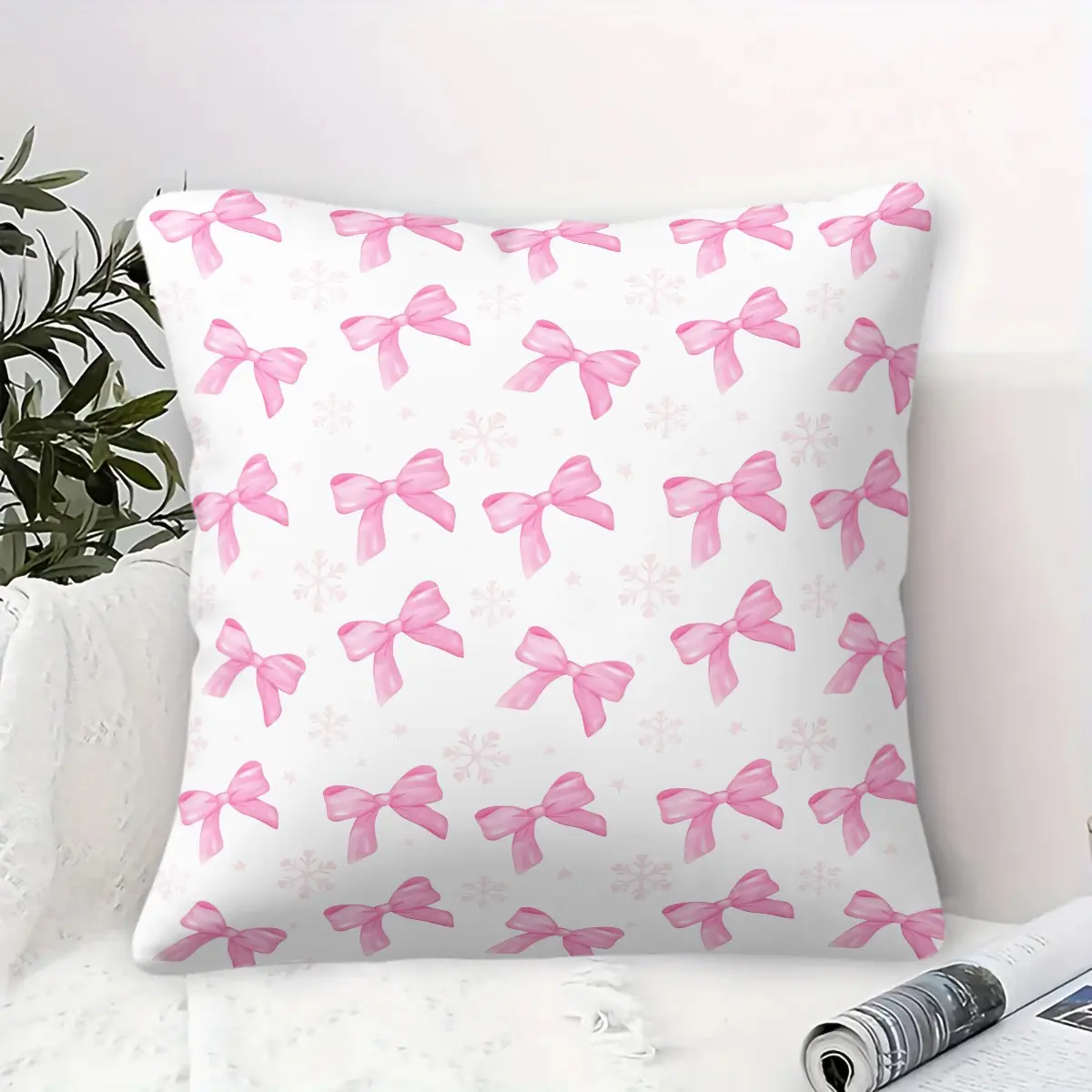 Cartoon "Coquette" Printed Throw Pillow Soft and Cozy Cushion Featuring cute Pink Bows and Snowflake Patterns. Perfect for Decorating Ladies' and Girls' Bedrooms, Sofas, and Chairs. An Ideal Home Décor Accent (5 Styles Available).Includes Pillow Insert