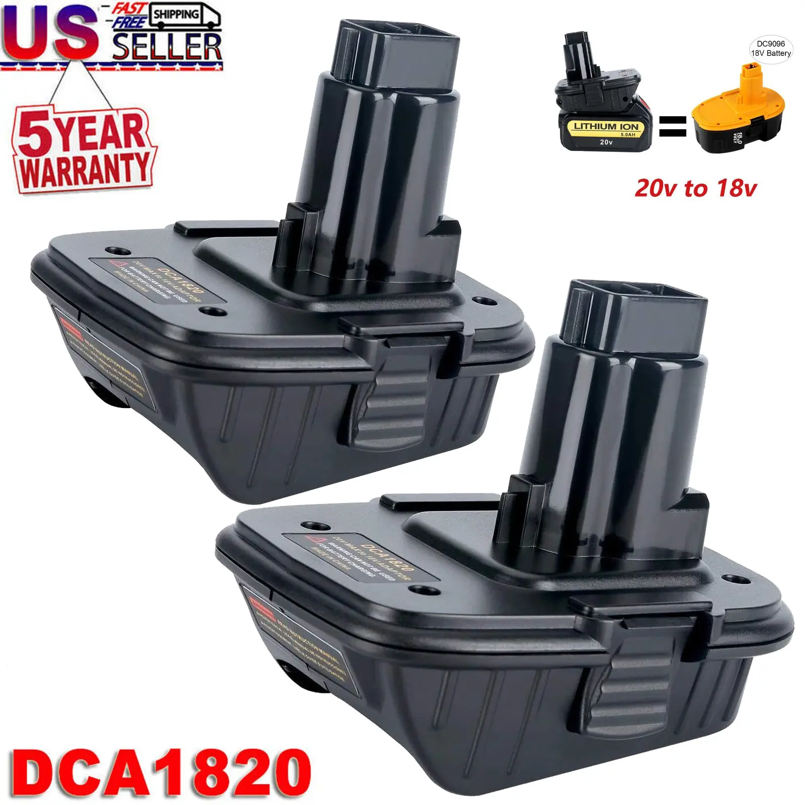 DCA1820 Battery Voltage Converter Adapter (1/2 Packs) – Easy to Install, Easier Removal, Compatible with Dewalt 20V Lithium Batteries (DCB200, DCB204, DCB206) for 18V Cordless Power Tools, Compatibility, Battery Adapter