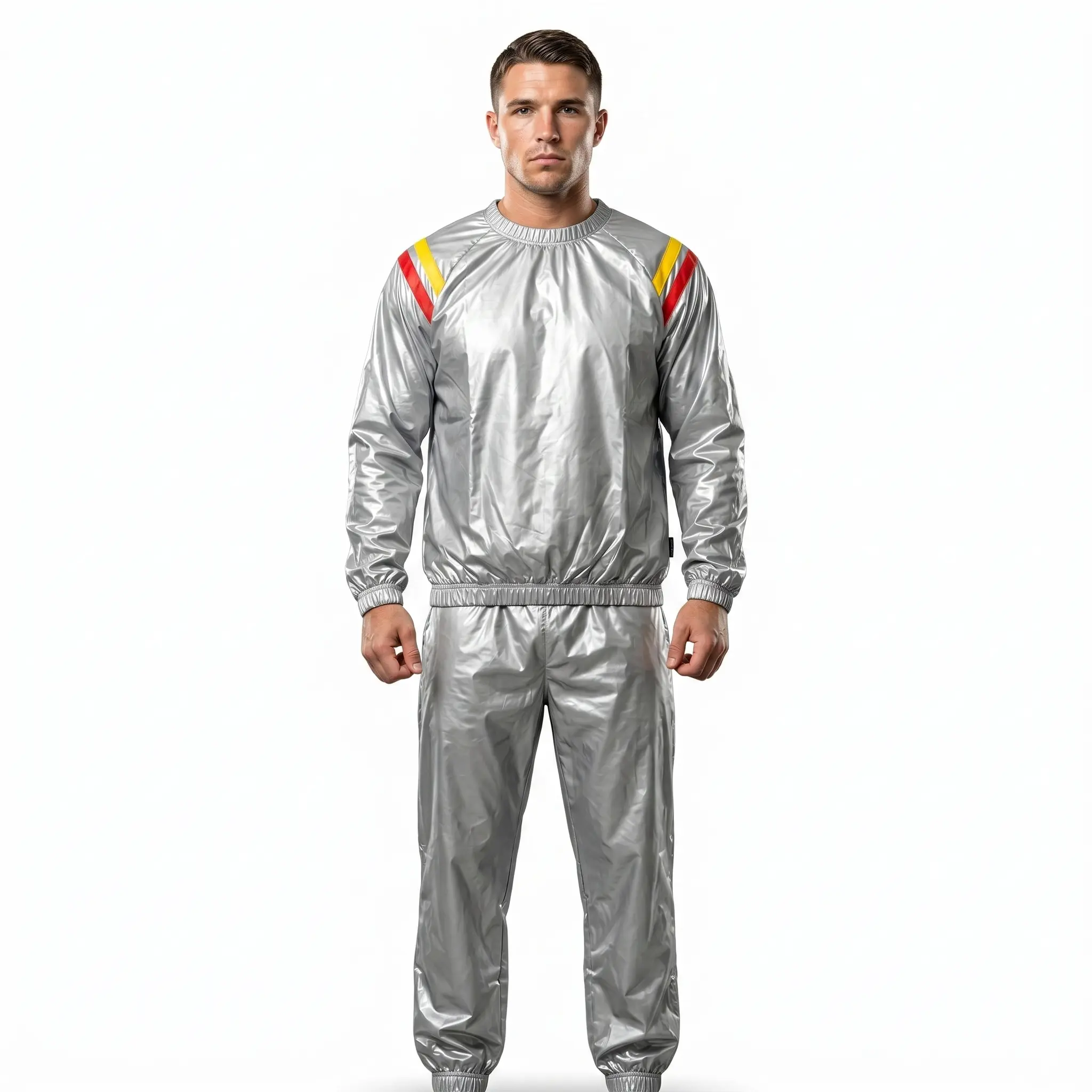 REX 357 Retro Shoulder Stripe 2-Piece Sauna Suit | Silver Elastic Pullover Top & Solid Pants Set