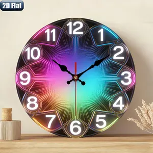 2D flat design. 1 piece set. Rainbow gradient neon illuminated wall clock, silent decorative wall clock, creative wall clock, suitable for bedroom, living room, and office decoration, 25/30cm (excluding AA batteries), 2D flat version