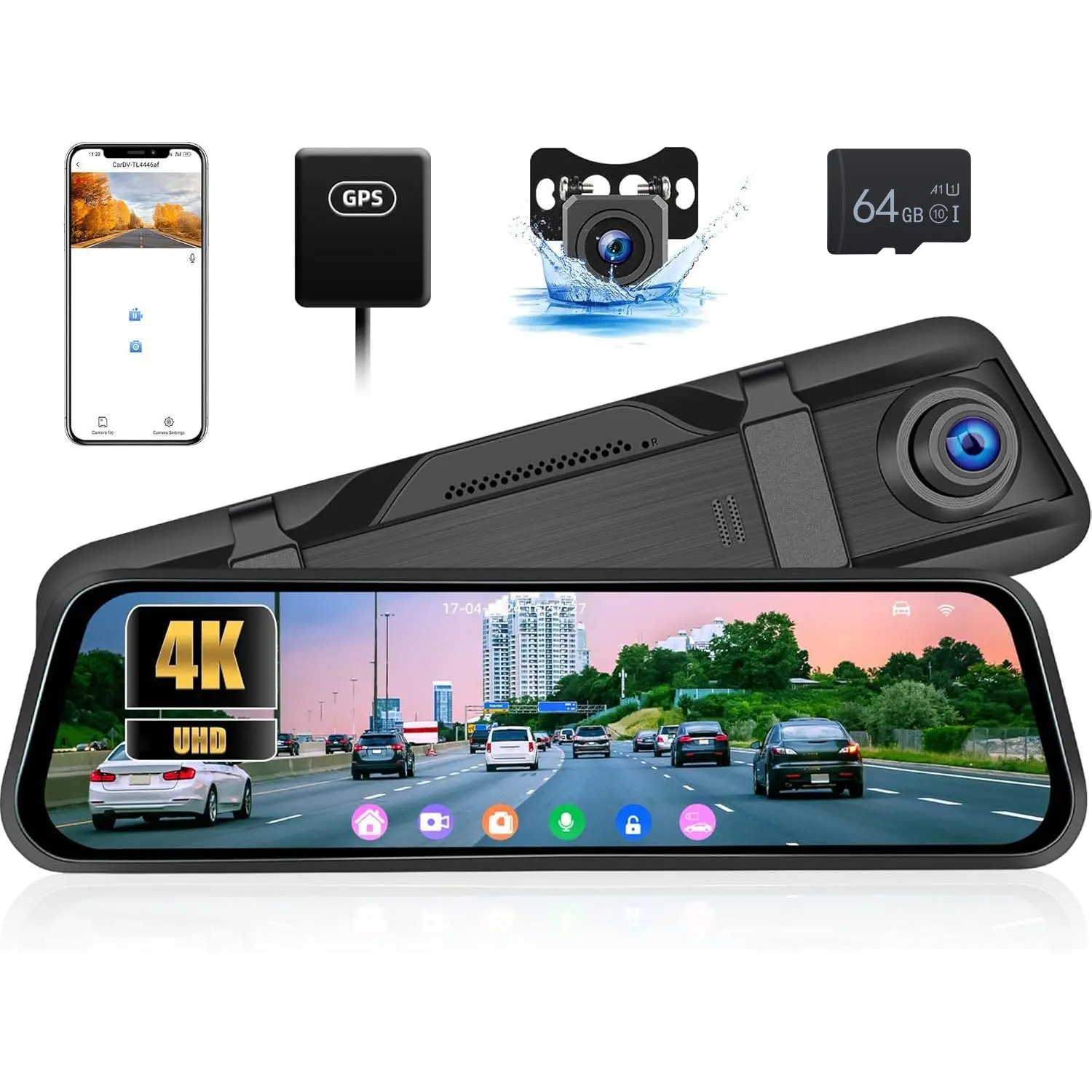 RIMOODY Automotive Dual Camera Car DVR, 9.66-inch Full Touch Screen Mirror Mount Device with 4K Front, 1080P Rear Cameras, GPS, WiFi Support, Night Vision, Parking Monitor, Blind-Spot Detection, 64TF Card, Smart Driving Tech, Multi-Language OSD,toolupgrad