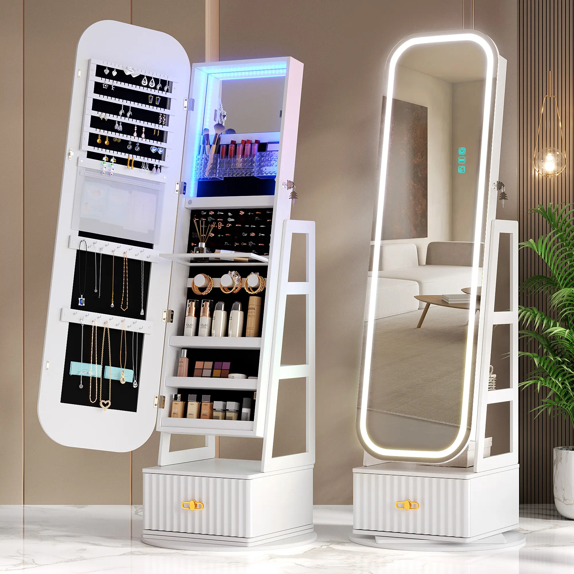 Miu Round-Corner Design Full-RGB exterior length Mirror with 360° Swivel & LED-Lit Features, Bottom Drawer Storage, Lockable Design Brush Cabinet