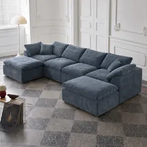 Cloud Couch Sectional for Living Room, Modular UShaped Boneless Sofa with Chaise, Compressed No Assembly Couch, Deep Seat Chenille Upholstered Convertible Sofa Bed (Blue)