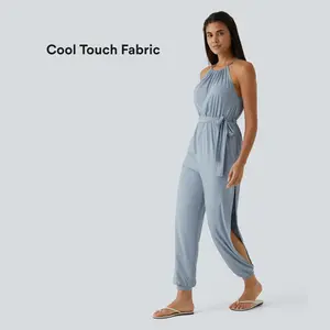 Halara UPF50+ Cool Touch Sleeveless Sports Jumpsuit with Tie Back, Belted Waist, Side Pockets and Cut Out for Resort Wear