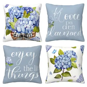 Blue hydrangea flower pillowcase for enjoying small joys in life. Summer pillowcase cover, spring hydrangea flower outdoor decoration, farmhouse, Mother's Day pillowcase cover, sofa cushion cover, 4-piece set, double-sided printed