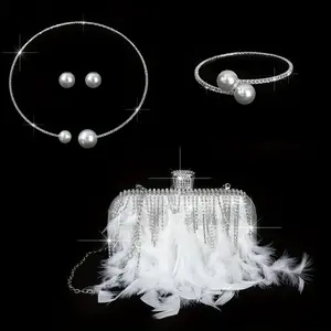 This 4-piece Set Of Elegant White Feather Ladies' Dinner Clutch Jewelry Sets Comes With Detachable Shoulder Straps, Polyester Lining, Pearl Necklaces, Bracelets And Earrings. It Is Suitable For All Kinds Of Parties, Wedding Balls And Formal Events