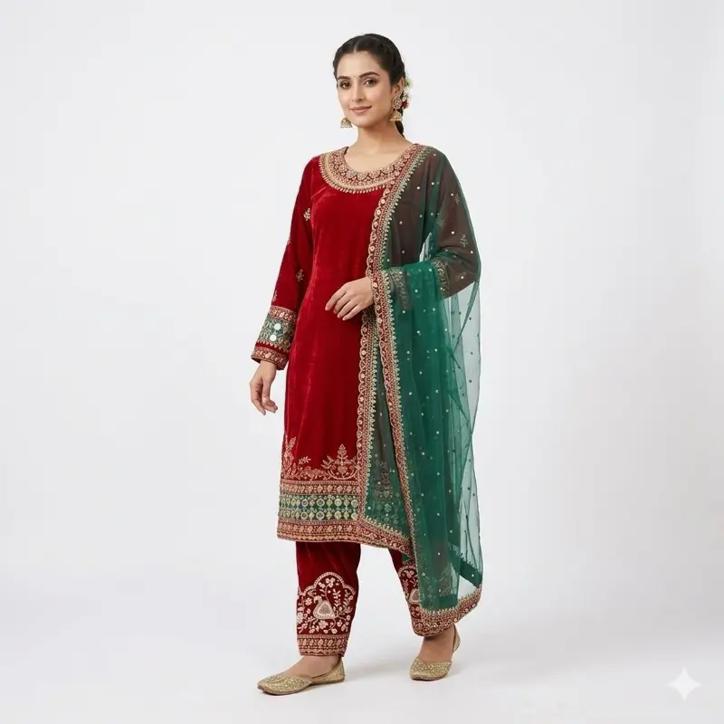 Women's Original Islamic Modest 3-Piece Light Red Velvet Embroidered Long-Sleeve Panjabi Salwar Suit Set with Matching Dupatta, Lady's Special Occasion Clothes