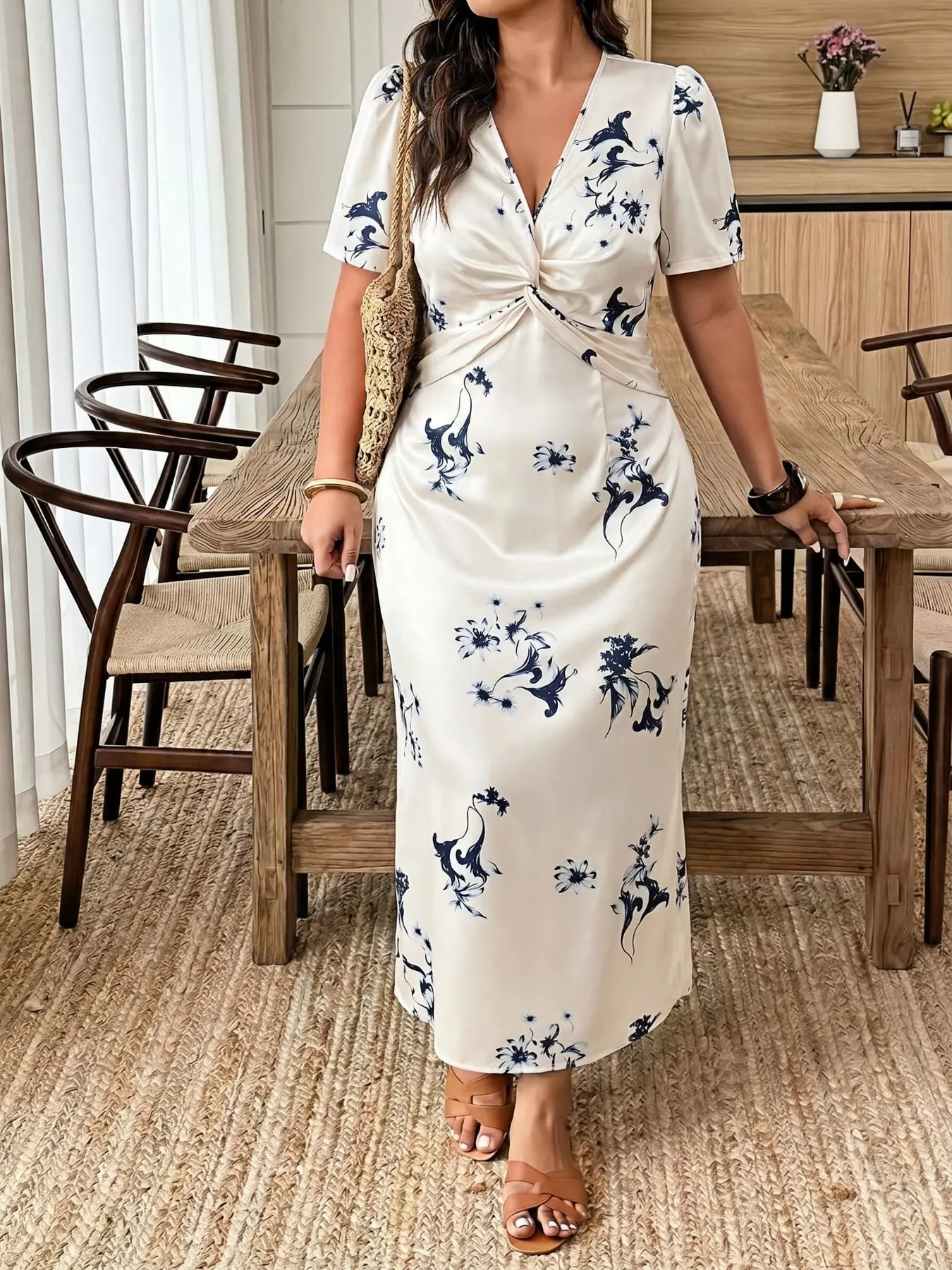Plus Size Long Dress, V Neck a Line, Satin Floral Print Fabric, Elegant Fashion Chic, Suitable for Corporate Girlie, Mermaidcore, Office, Date, Vacation, Wedding, Dinner, Elegant Dresses