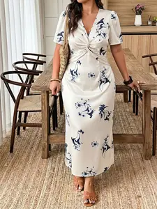 Plus Size Long Dress, V Neck a Line, Satin Print Fabric, Elegant Fashion, Suitable for Corporate Girlie, Mermaidcore, Office, Date, Vacation, Wedding, Dinner