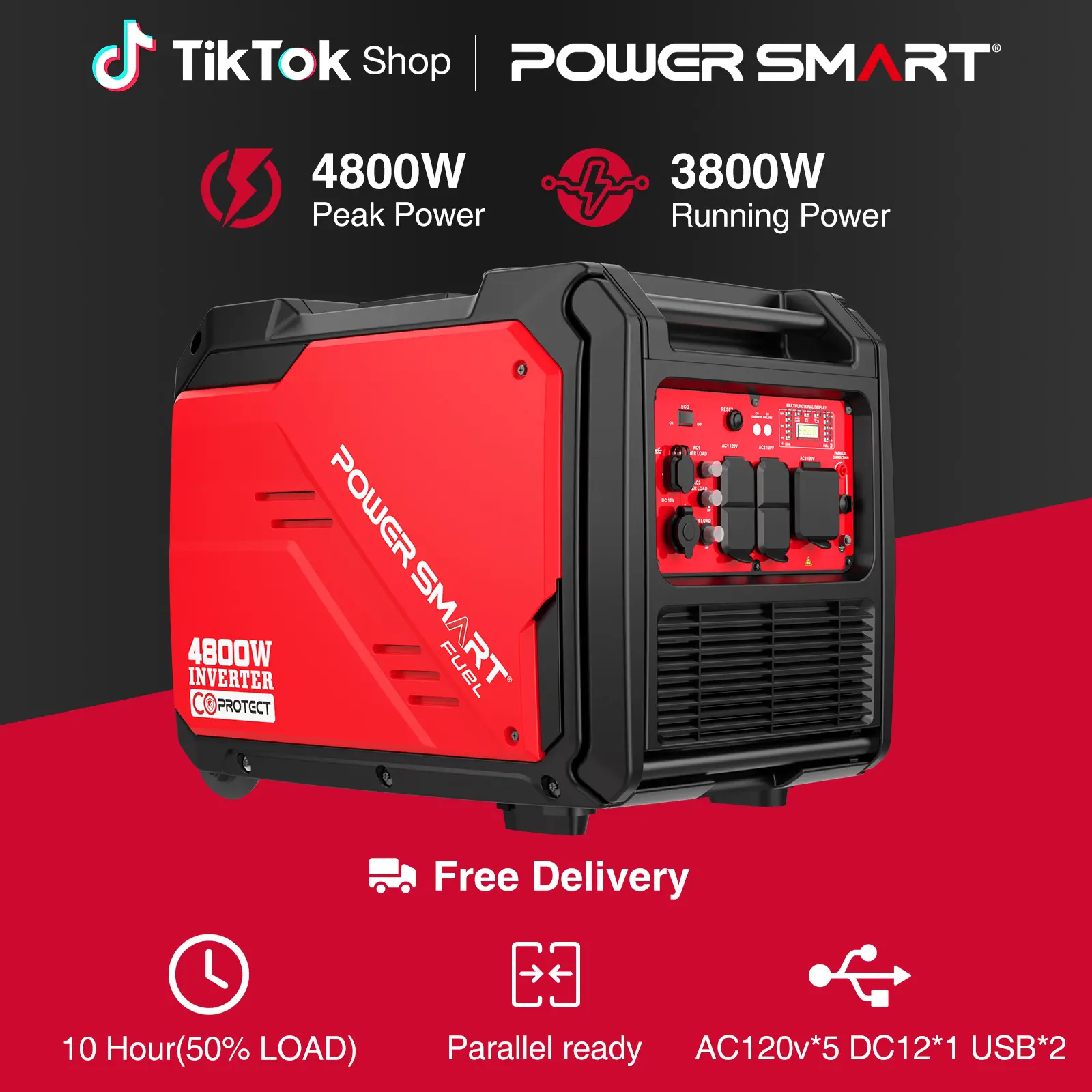 PowerSmart 5000W-4800W Portable Inverter Generator,Electric Start,Gas Powered Quiet Inverter Generator with CO Alarm & RV Ready 30A Outlet,223cc Engine Eco-Mode Generator for Home Backup,Camping and Tailgating, PS5046CE HB5046C