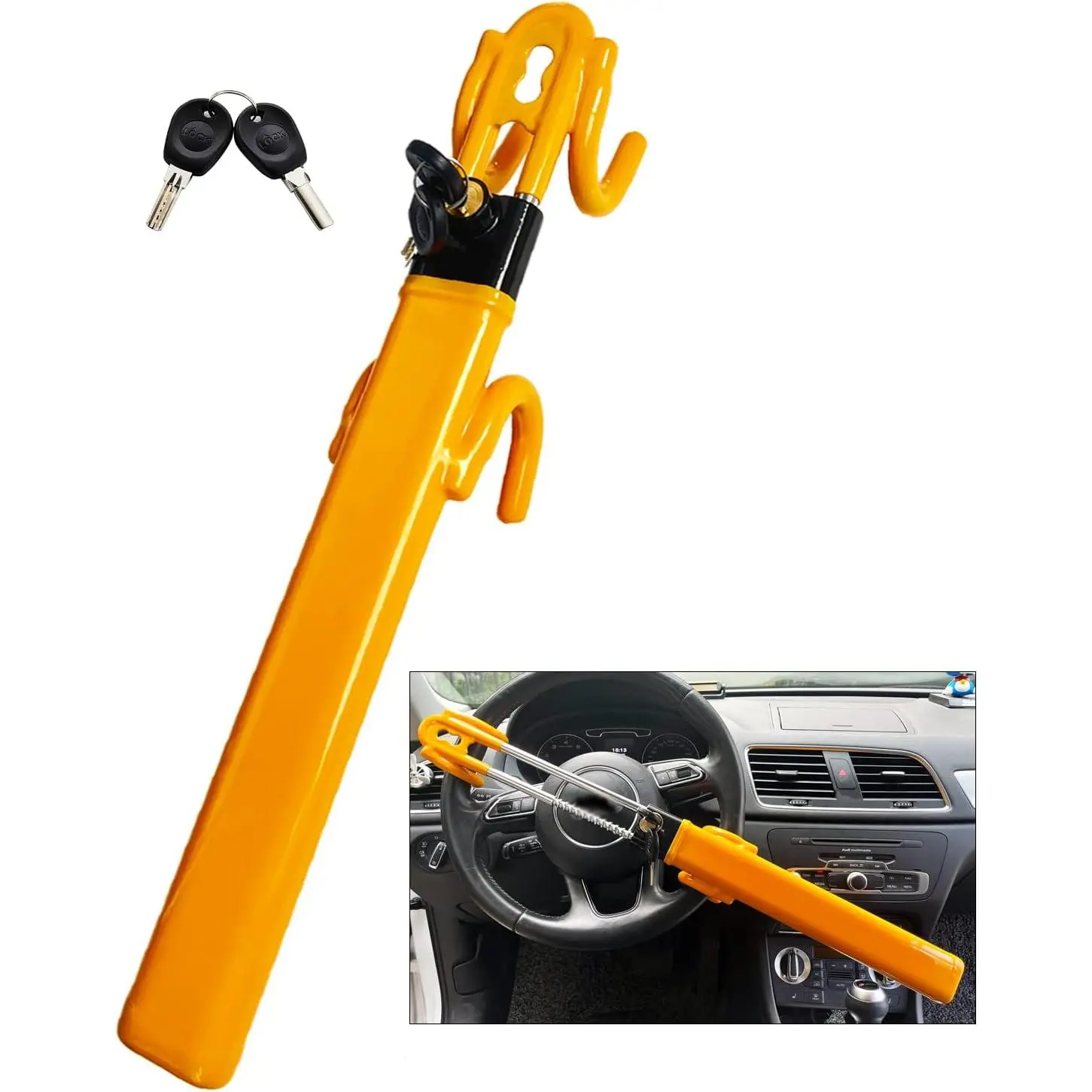 Dodomes Steering Wheel Lock Anti-Theft Heavy Duty Secure Car Device, Adjustable Length Clamp Double Hook Locks Universal Fit (Yellow)