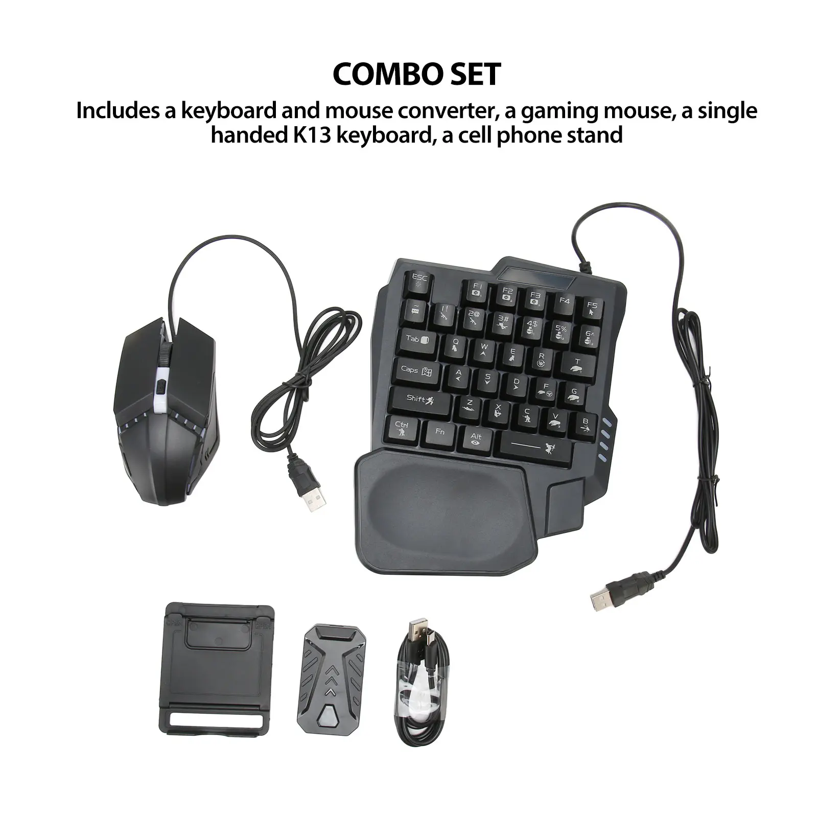 4-in-1 Mobile Gaming Combo Pack - K13 1-Handed Keyboard, Mouse, Converter, Adjustable Phone Stand for Android, 120FPS No Lag, Plug & Play, Custom Key Mapping for FPS Mobile Games