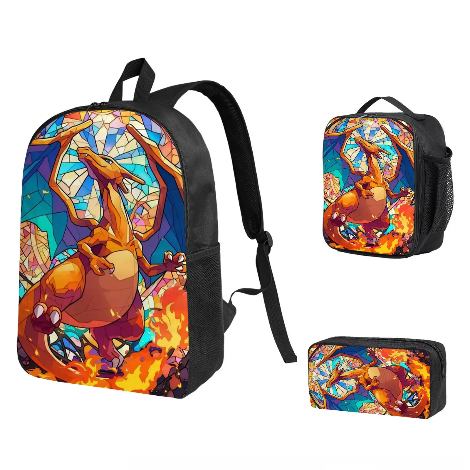 Charizard 3-in-1 Water Resistant Zipper Backpack School Set (3-Piece Combo) - Insulated Lunch Bag, Pencil Case, Cool Laptop Travel Daypack for Kids, Camping & Back to School Fan Gift b-262, 3-In-1 Design
