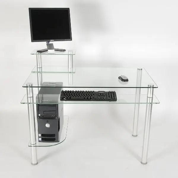 RTA Clear Glass and Aluminum Computer Desk with Dual Monitor Riser for Home and Office Use, Contemporary