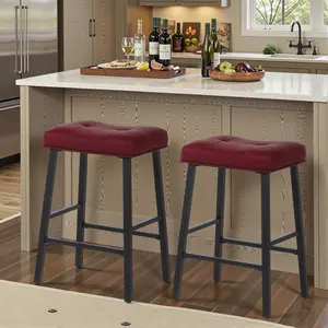 24-inch Bar Stool Set Kitchen Island Stools Leather-Upholstered Kitchen Stools with Curved Saddle Seat Metal Base Bar Chairs