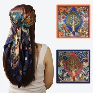 TwiceBeauty 35inch Satin Large Square  Scarf Head Wrap  2PCS Silk Like Neck Scarf Hair Sleeping Wraps Silk Scarfs for Women Tassel Breathable Windproof Neckerchief Floral Pattern Shawl Tie