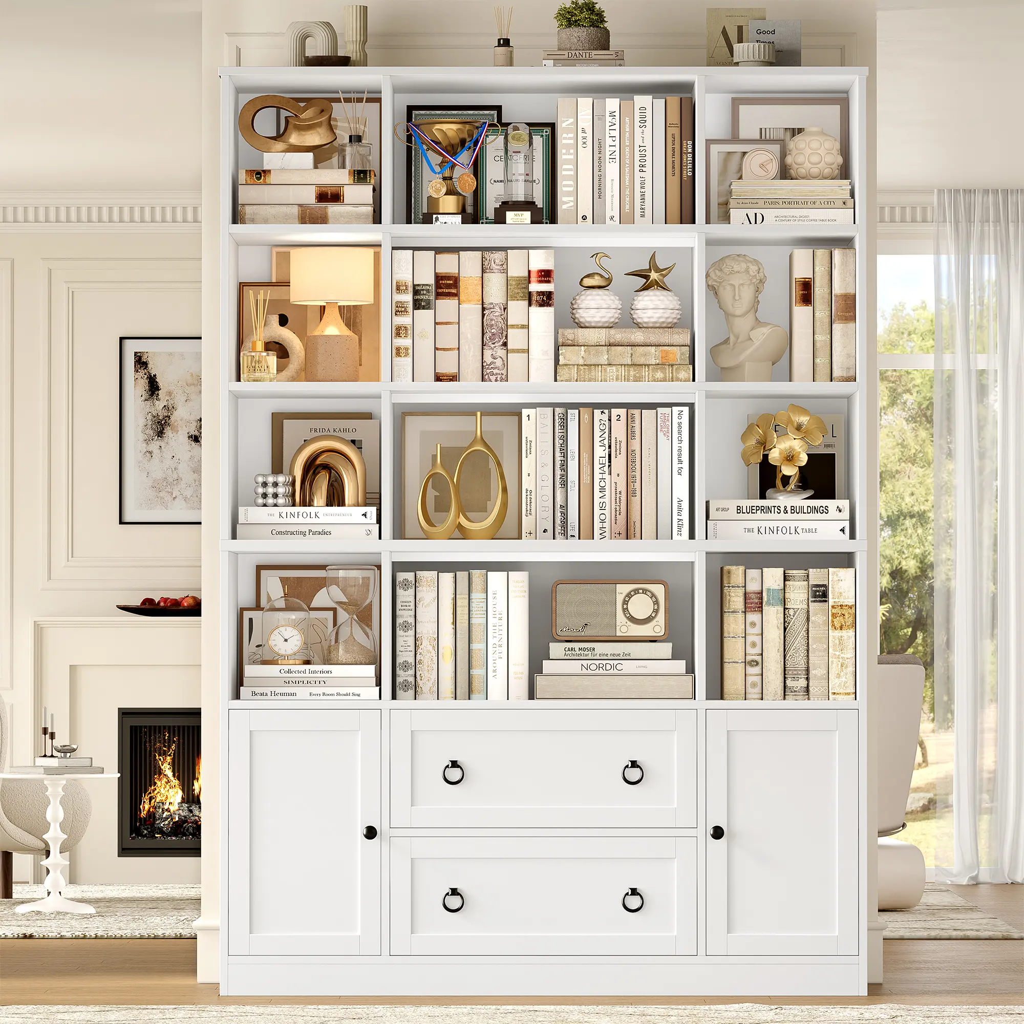 FOTOSOK 71" 6 Tier Tall Bookcase with Drawers, Triple Wide Large Bookshelves and Bookcases, Wood Multi-Tier Book Shelf Storage Cabinet Organizer for Home Office Bedroom, #Summervibes