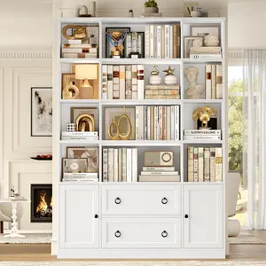 FOTOSOK 71" 6 Tier Tall Bookcase with Drawers, Triple Wide Large Bookshelves and Bookcases, Wood Multi-Tier Book Shelf Storage Cabinet Organizer for Home Office Bedroom