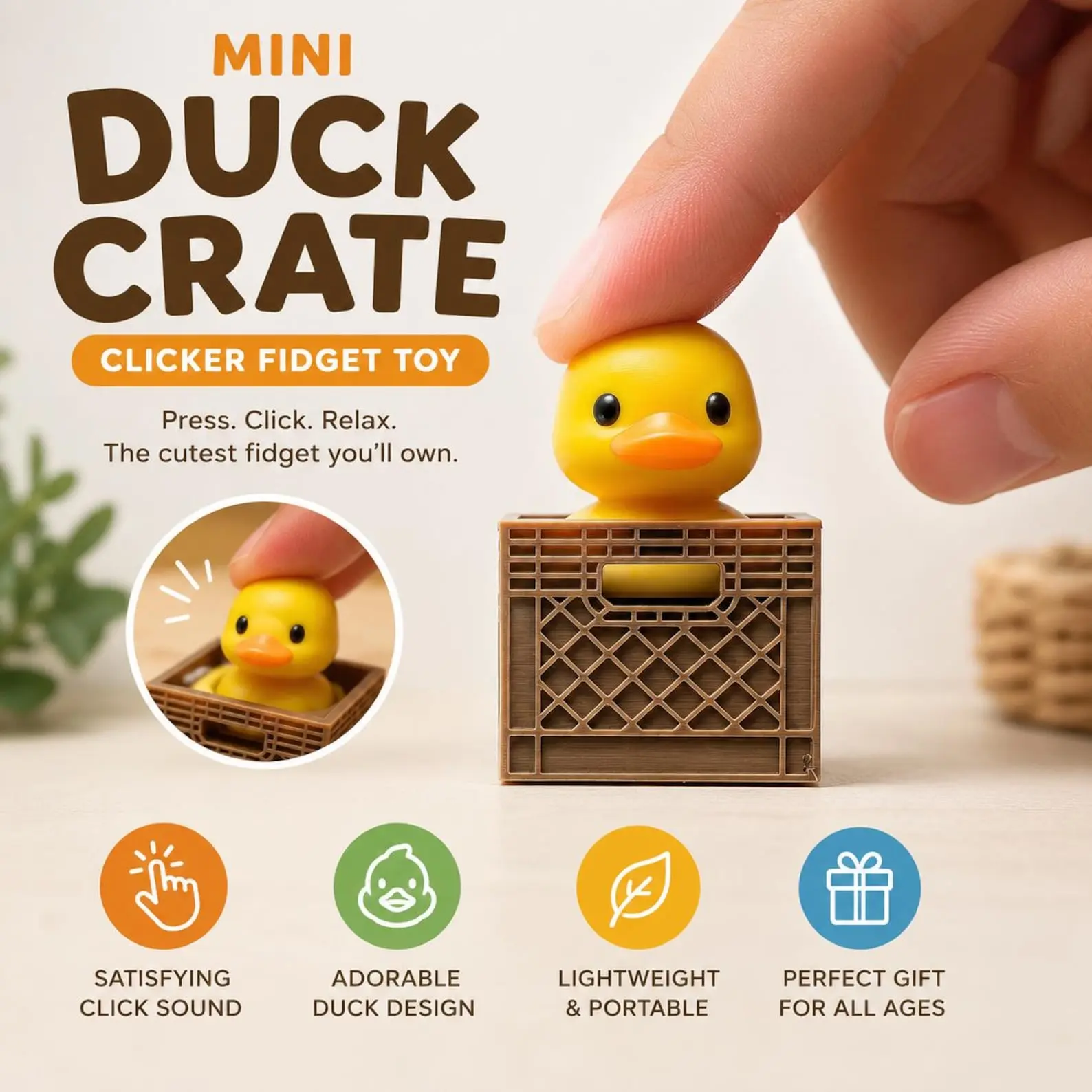 Mini Duck Crate Clicker Fidget Toy ASMR Anxiety Relief 3D Printed Desk Buddy