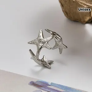 [Starfish-Shaped Ring] 1pc Textured Starfish-Shaped Stainless Steel Open Ring - Material: Tarnish-Resistant - Perfect for Daily Wear, Parties & Holidays - Unisex Gift
