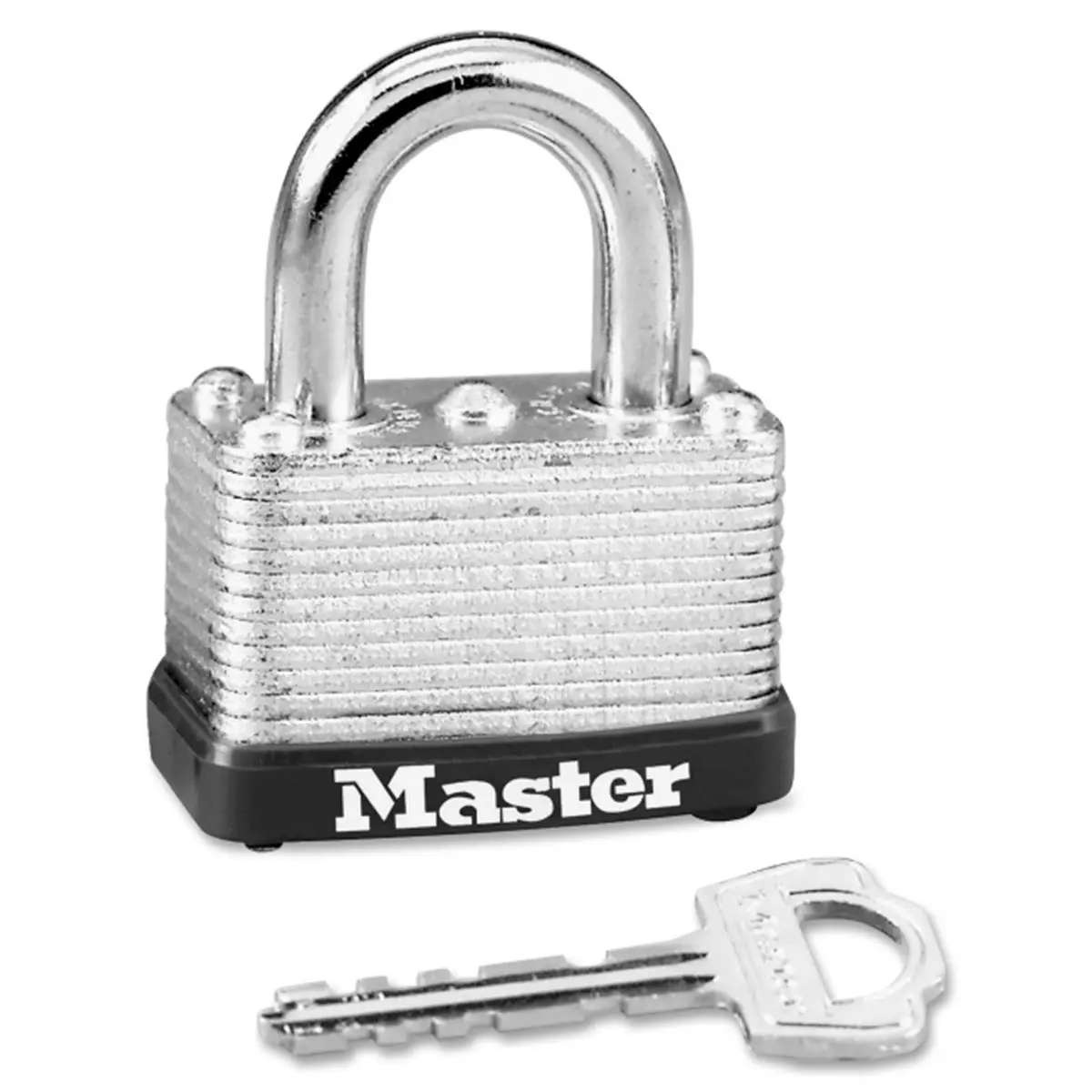 Master Lock Warded Keyed Padlock - Silver Metal, Functional Warded Locking Mechanism, Cut-Resist. Shackle, Durable Body, Pair of Nickel-Plated Steel Keys, Laminated Steel Construction for Camping & Hiking