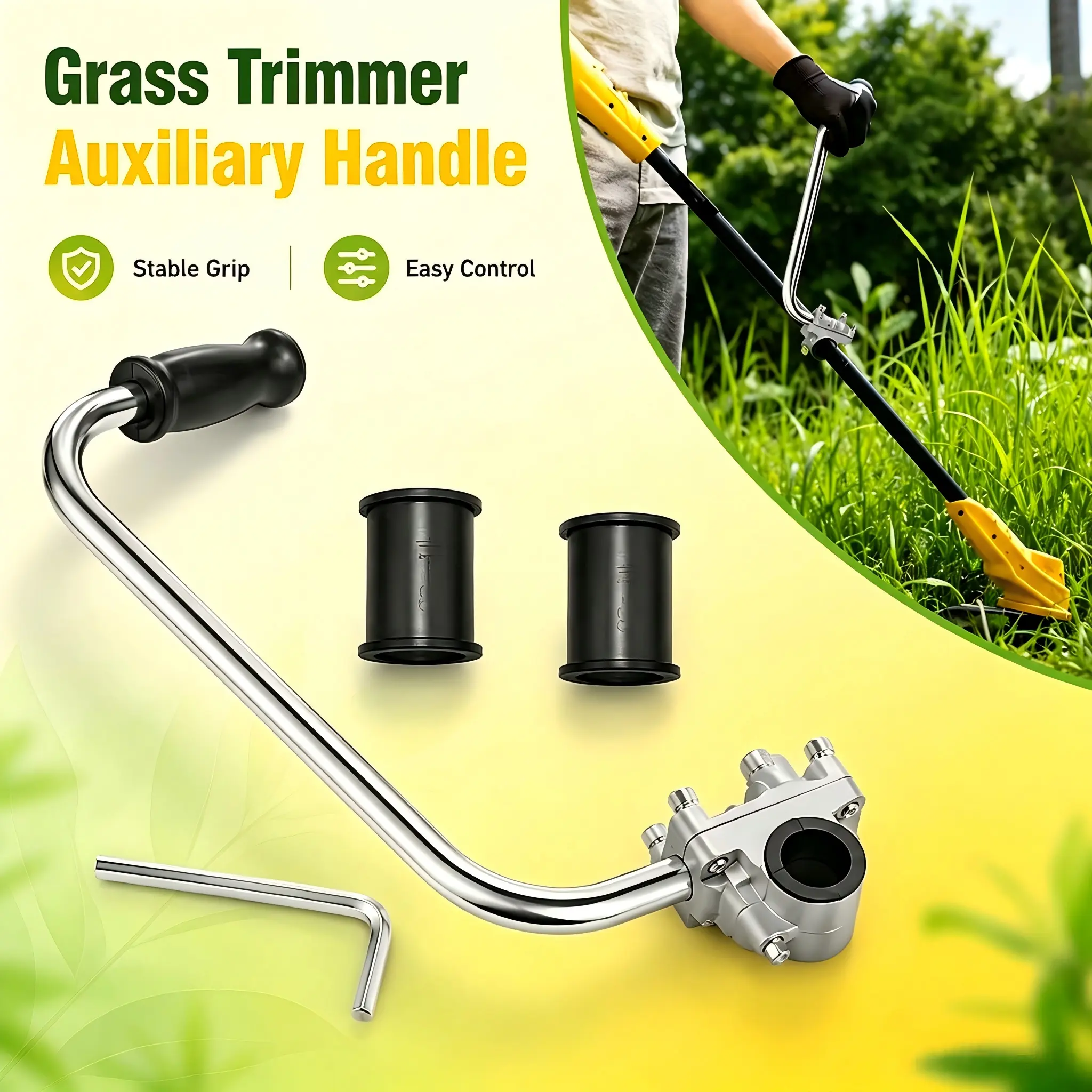 Universal Ergonomic Grass Trimmer Auxiliary Handle Kit, with Clamp, 2 Adapter Sleeves & Hex Wrench, Adjustable Weed Wacker Extension Accessory for Lawn Edger & Yardwork Tasks