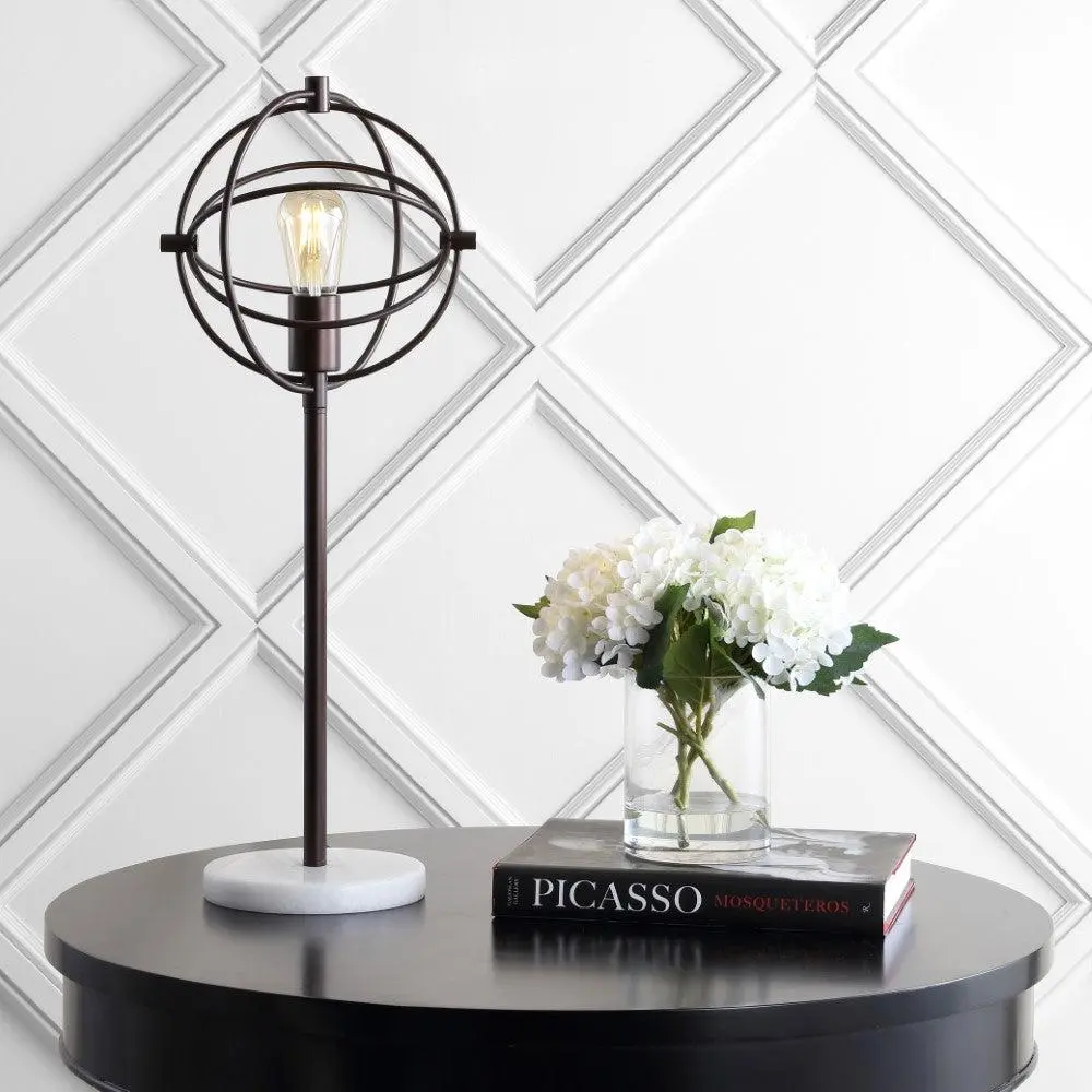 JONATHAN Y Atomic Caged Edison Bulb Metal/Marble Modern LED Table Lamp , for bedroom, living room, foyer, hallways, dining room, dorms
