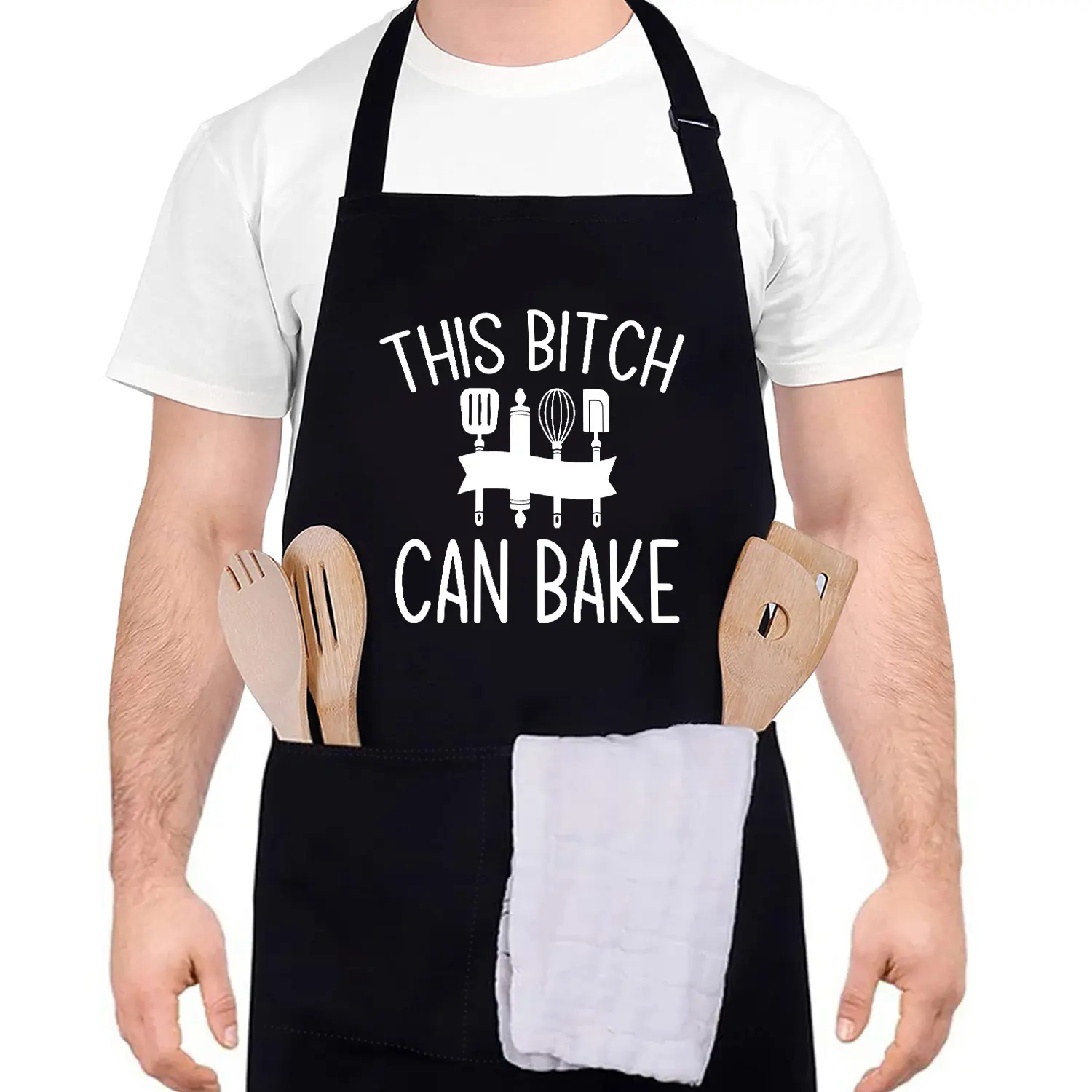 Funny Apron for Men-This Bitch Can Bake Adjustable Kitchen Black BBQ Grilling Cooking Chef Apron with Pockets for BBQ Grilling Cooking Waterproof Grill Daddy Gift for Father Husband Boyfriend