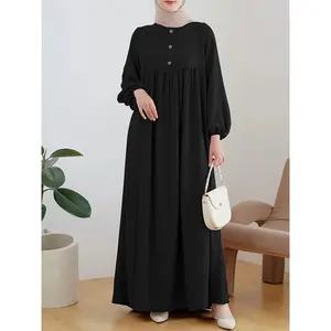 Scacto Middle Eastern Muslim Women's Long Robe, Fashionable and Casual, with Puffed Sleeves, Simple and Loose Solid Color Dress