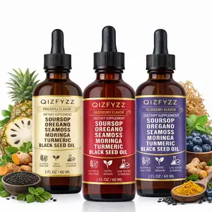 Soursop Drops with Oregano, Seamoss, Moringa, Turmeric & Black Seed Oil – 3 Flavor Liquid Supplement Pack (Blueberry Strawberry Raspberry), Vegan, Lab Tested, 2 fl oz Each