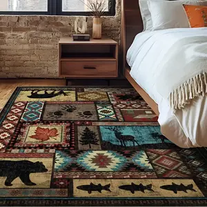 YIHOUSE Rustic Cabin Area Rug 8x10,Machine Washable Lodge Bear Rug,Non-Slip Low Pile Print Pattern Southwestern Rug for Living Room Bedroom