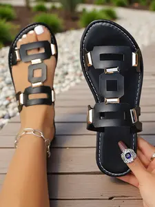 2026 New Retro Roman Style Hollow Out Metal Strap Casual Flat Sandals, Casual PU Leather Slippers, Comfortable Anti-Slip Beach Shoes for Women