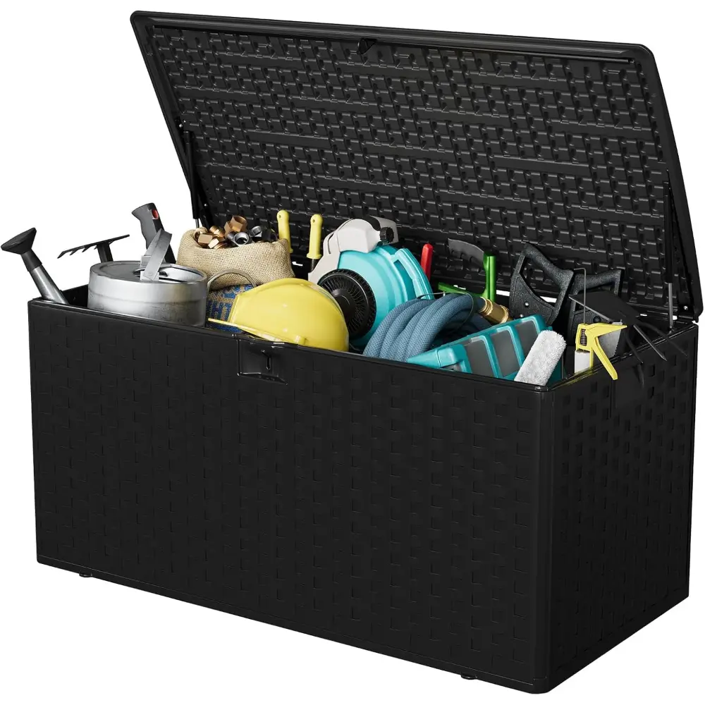 100 gal Outdoor Storage Box, Lockable Plastic Deck Box with Lid, Waterproof & UV-Resistant Storage Bin for Patio Cushions, Garden Tools & Pool Accessories