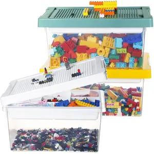 Plastic Storage Bins with Lids - 3 Set Stackable Arts Crafts Organizer Box with Removable Divided Tray & Compatible Building Baseplate, Toy Chest Containers for Bricks (14.37"x9.64"x6.69")