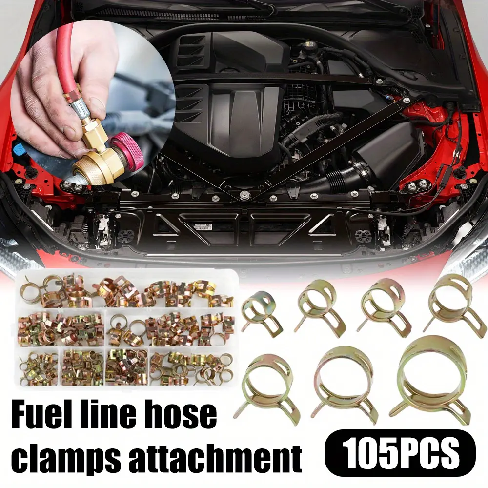 105 Pack Zinc Plated Spring Hose Clamps Set - Metal Single Ear Ferrule Style Universal Hose Connector - 7 Sizes 6/7/8/9/10/12/14 mm for Fuel Line, Water Pipe, Air Tube Fastening
