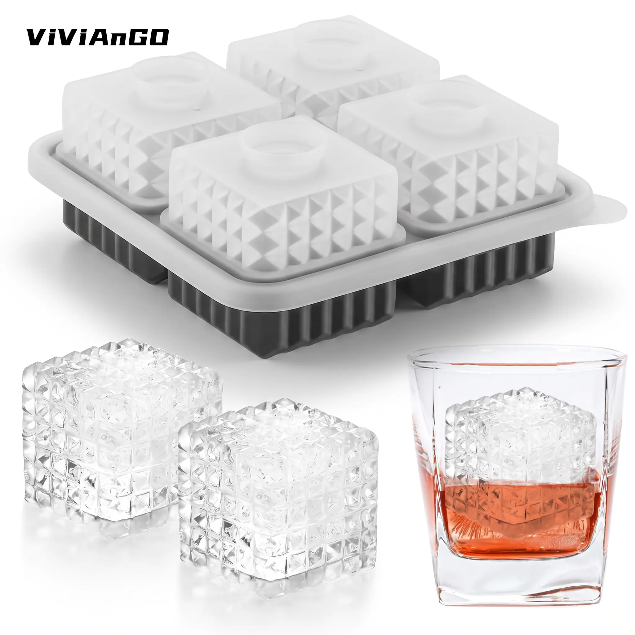 ViViAnGo Large 3D Square Silicone Ice Cube Tray with Funnel - Bourbon Ice Cube Molds, Whiskey Gift for Men, Bar Utensil Accessory