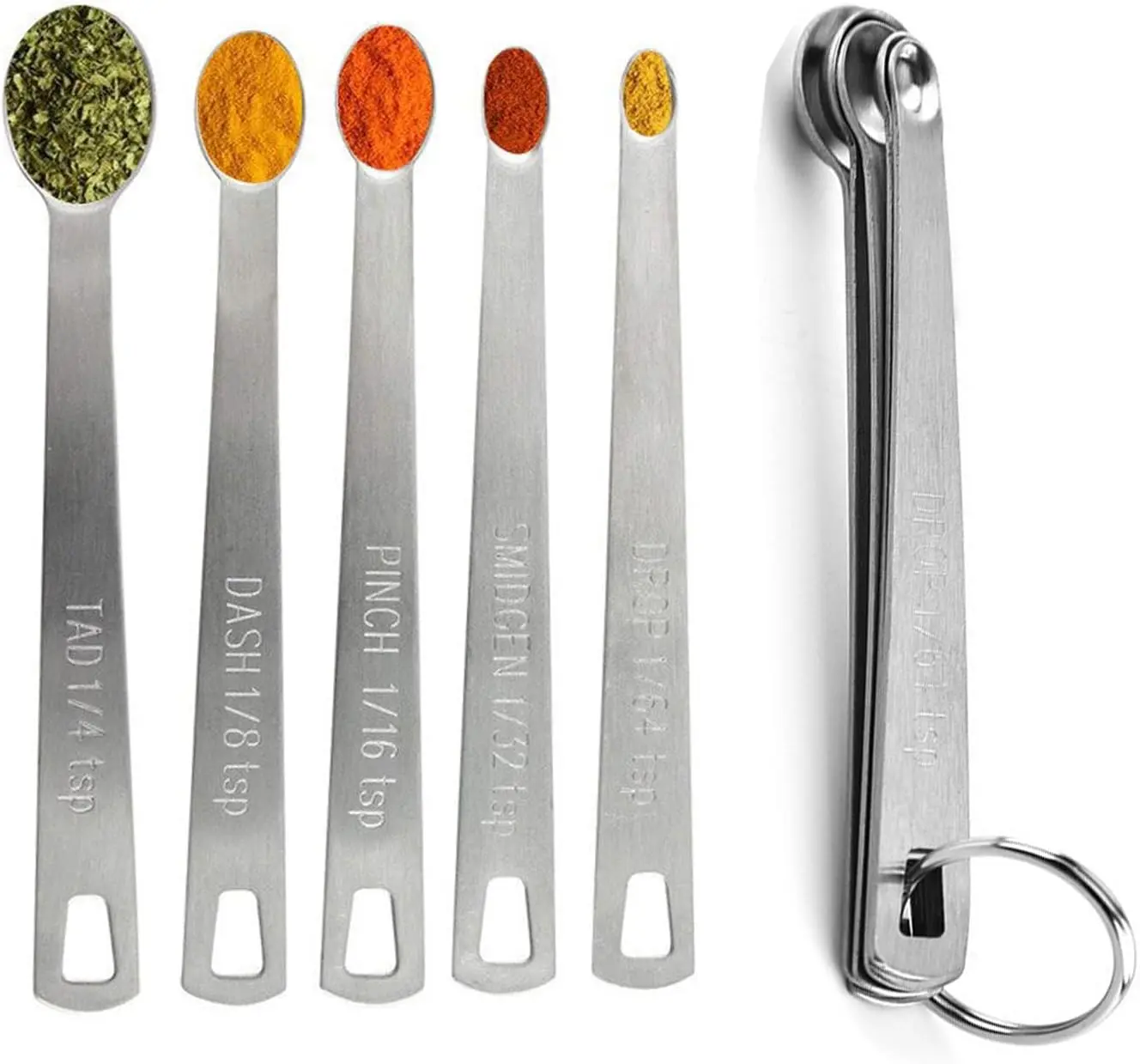 Sturdy Stainless Steel Kitchen Measuring Utensils Set - 5-Piece Kitchenware with Precise Marks, Ergonomic Structure, Multi-Sizes, Compact Design, Lightweight Spoons for Cooking, Spice, Liquid & Dry Ingredients (1/64,1/32,1/16,1/8,1/4 Tbsp & Tsp), Five Pie