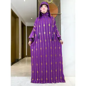 2025 Newest Ramadan Muslim Two Hat Cotton Abaya Dubai Turkey Islam Prayer Clothes Gold Dust   Dress Islam Women Dress Kaftan