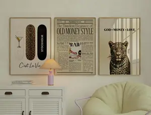 Stockholm Style Wall Art Set of 3 – Old Money Newspaper Poster, Leopard Art Print, C’est La Vie Skateboards