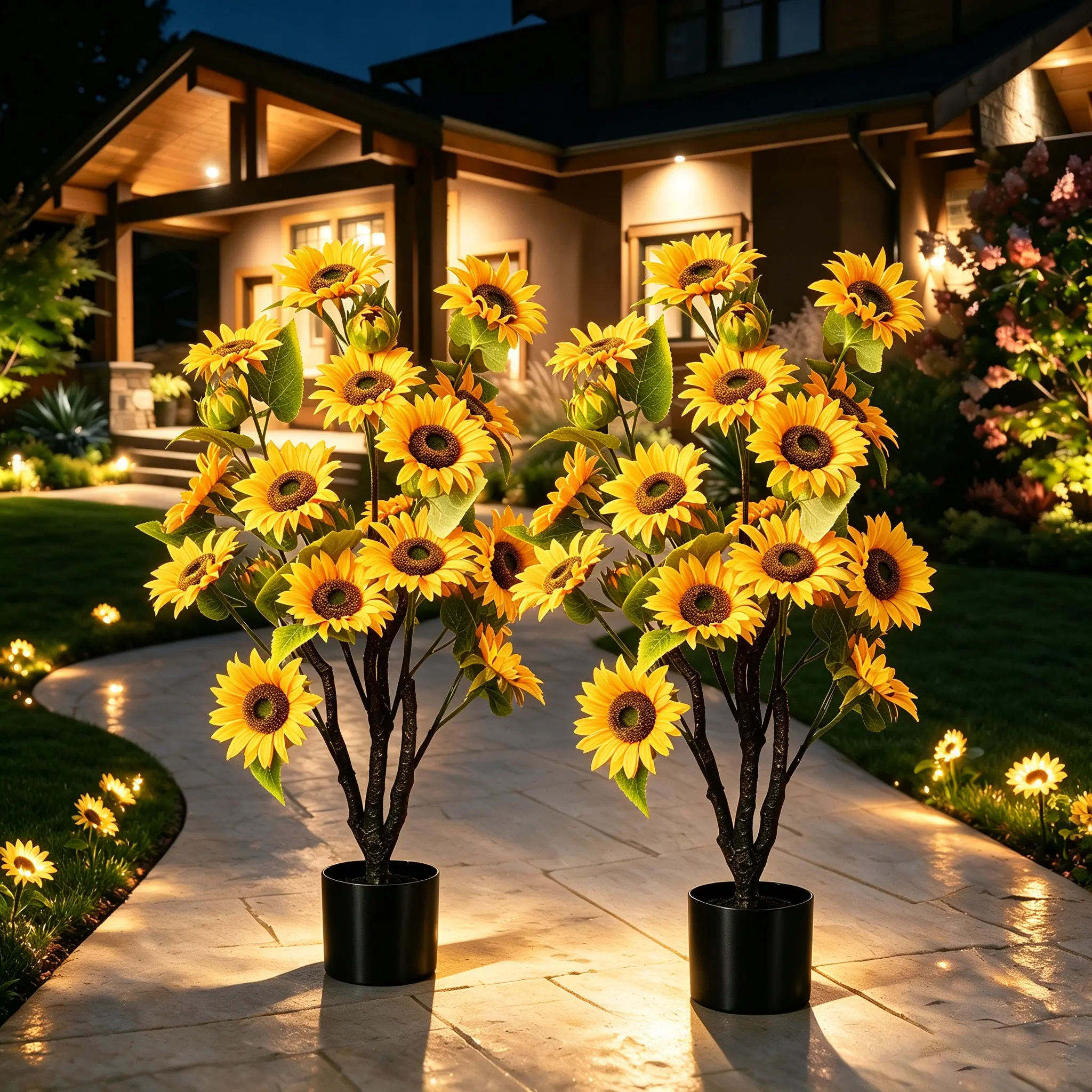 4FT UV-Resistant Artificial Sunflower Tree, Potted Faux Floor Plant for Indoor Outdoor Patio Home Decor, No Maintenance