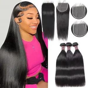 4x4 Closure With Straight Human Hair Bundles With 100% Human Hair 3 Bundles With Closure Outdoorfun