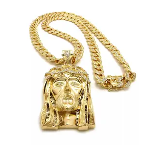 MaxBling81 Men’s Hip Hop Iced Cubic Zirconia Jesus Head Large Pendant Necklace, 15mm Cuban Link Gold Statement Chain, 16"-30" Gold Silver Plated Shiny Chain Necklace for Daily Wear & Gifting, Chains With Pendants